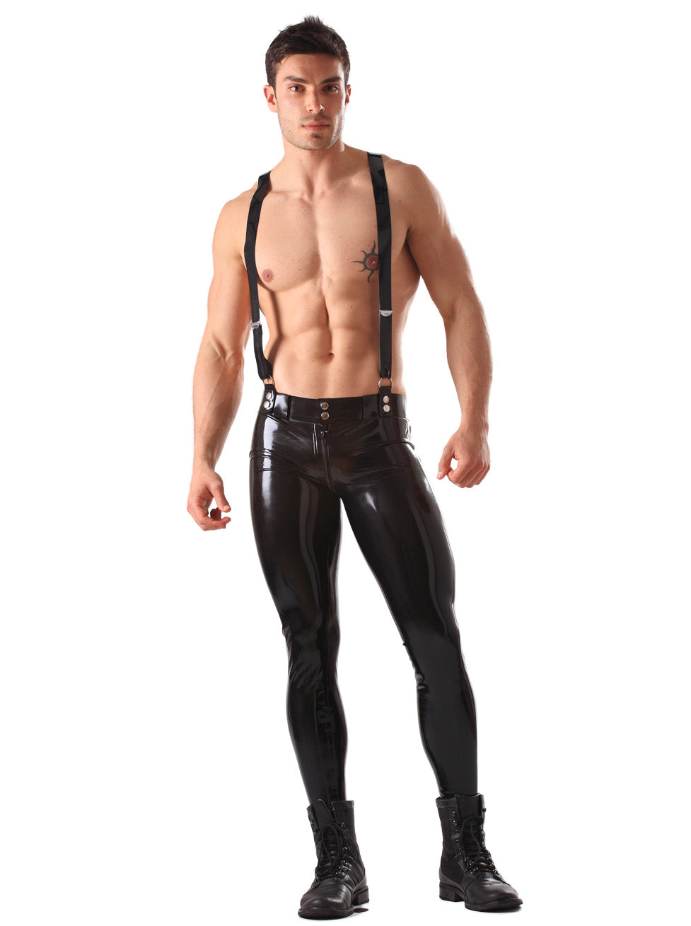 Gunther two colour contrast men's latex leggings with two way back zip.